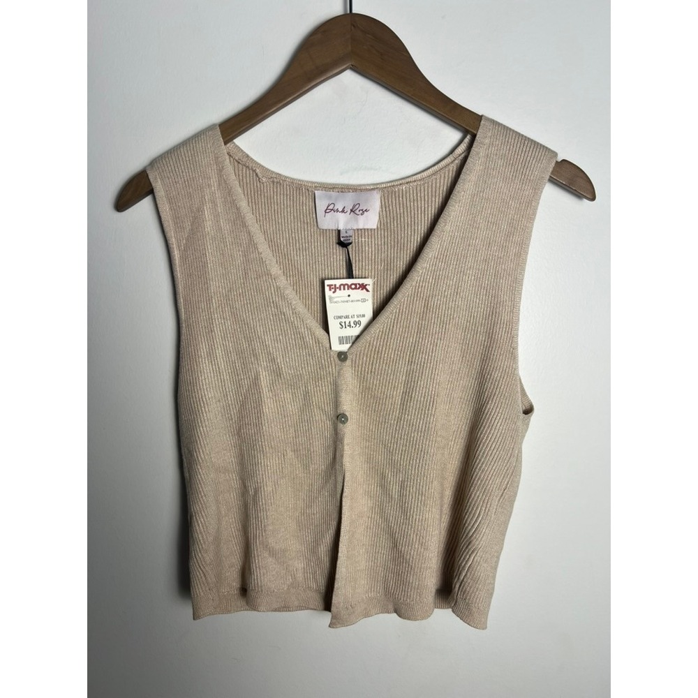 Pink Rose Wm LG Beige Ribbed Knit V-Neck Button Vest‎ Top Minimalist Granny Chic